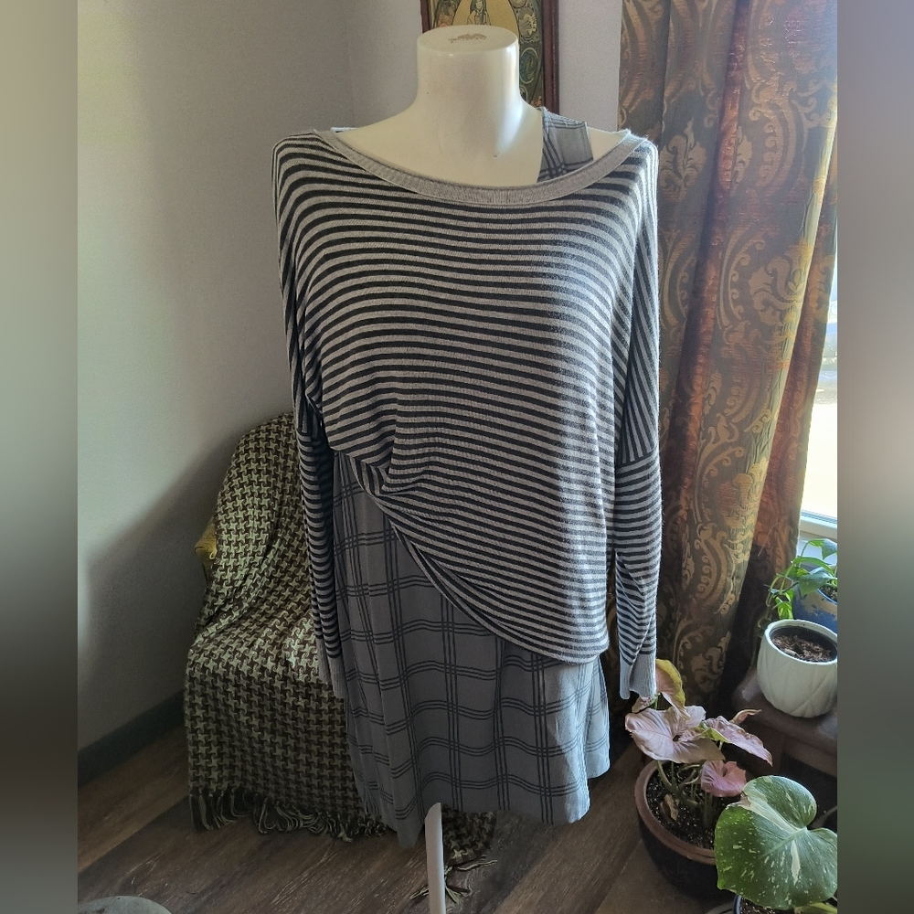 Eileen Fisher Silk Georgette Crepe and Knit Striped Oversized Top 2 pieces